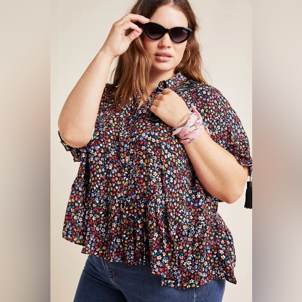 Maeve Anthropologie Mallory Floral Ruffle Button-Up Top Size Medium